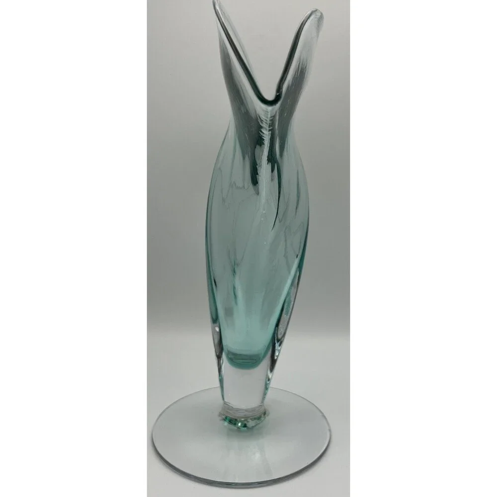 Blenko Glass Fan Vase Green with Clear Base Vintage 11.5 x 10 very unique